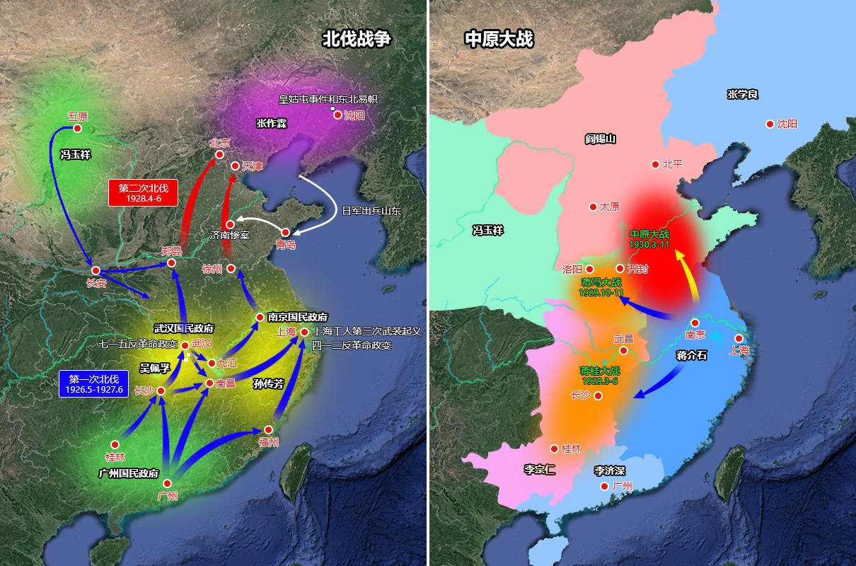 北伐战争与中原大战形势图